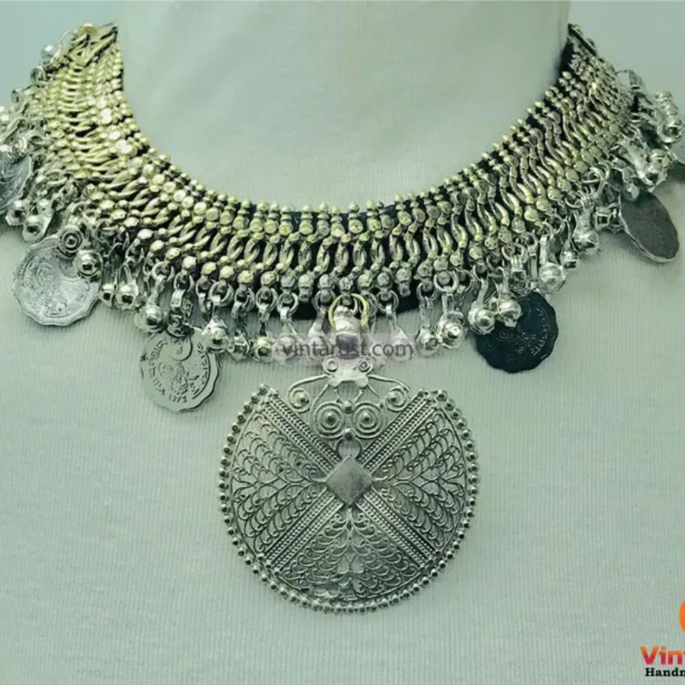 Vintage Kuchi Choker Necklace: Handmade Tribal Coins & Silver Bells